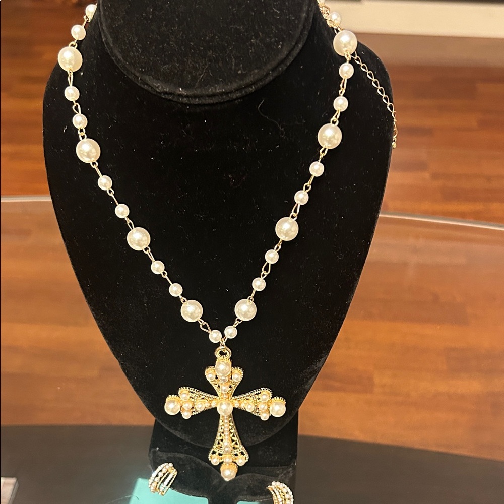 Gold Pearl Cross Pendant Necklace - & earrings Women Jewelry